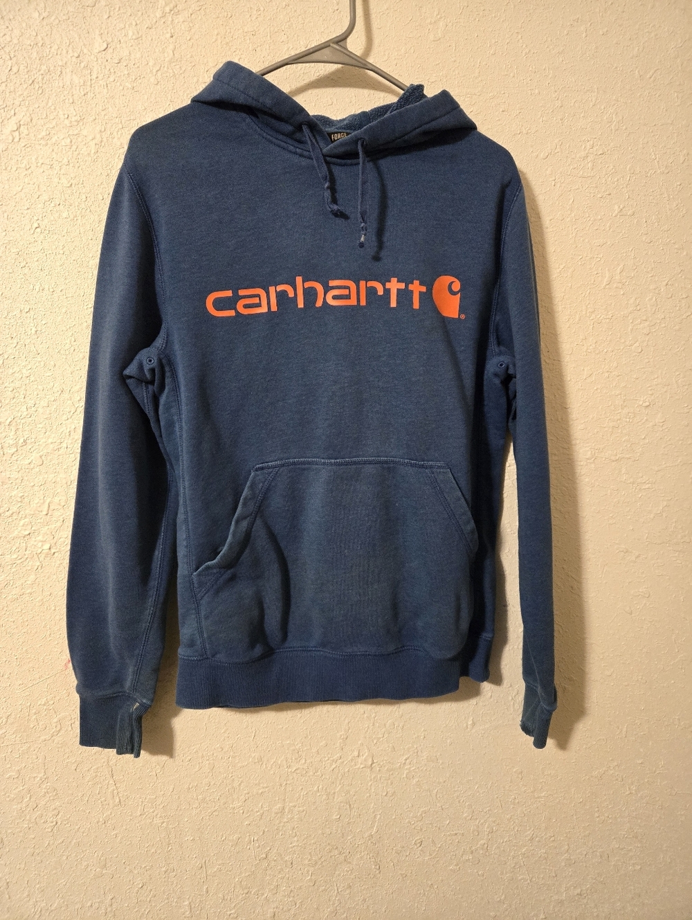 Carhartt Men's Blue Crewneck Hoodie with Orange Logo
